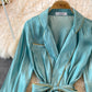 Celebrity style acetate Satin Long Sleeve waist closing shirt dress  3269