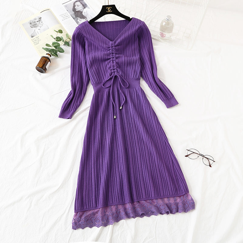 New knitted dress long sleeve lace up pleated Lace Panel bottomed skirt  2454