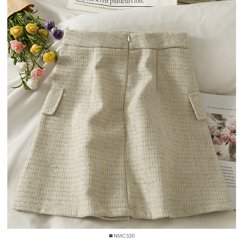 Hong Kong style retro bright silk Plaid tweed high waist A-shaped skirt  2527