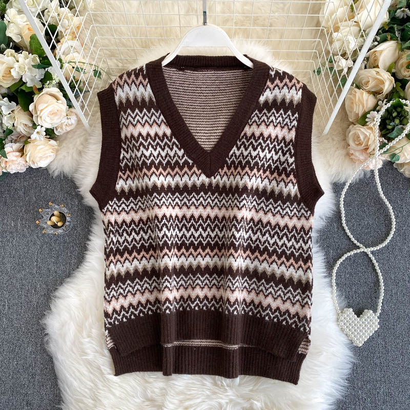 Korean Vintage sweater feminine V-neck slim fit short sweater top vest  1573