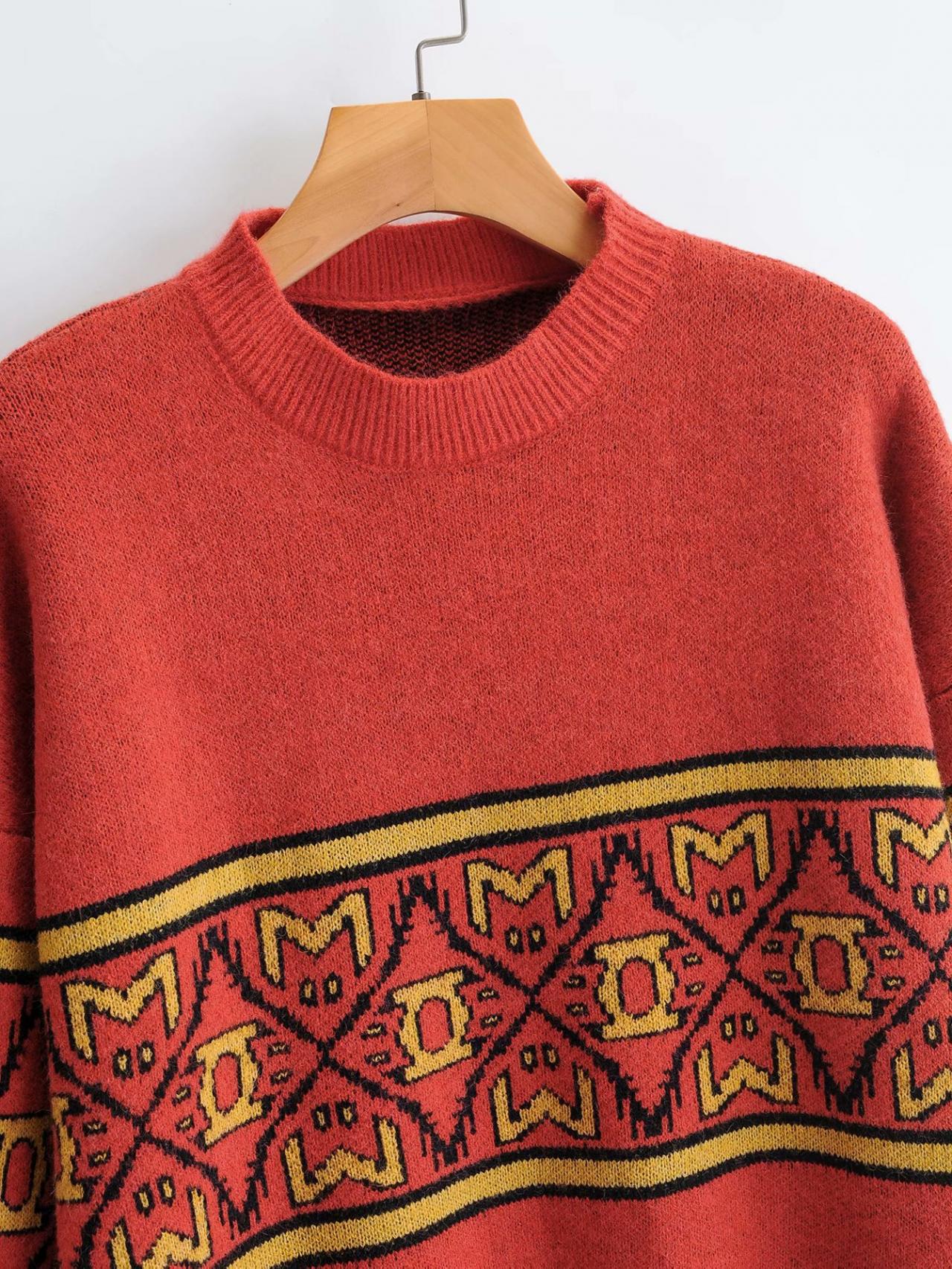 Damen Pullover Strick Vintage Art Jacquard Loose Sweater 1345