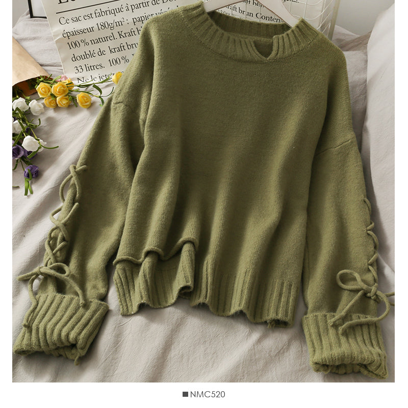 New drawstring lace up long sleeve loose Pullover Sweater  1709