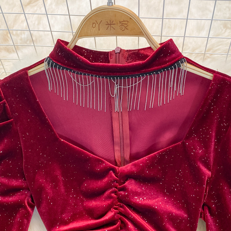 Robe portefeuille à col en V et à pampilles de tempérament de célébrité 3391