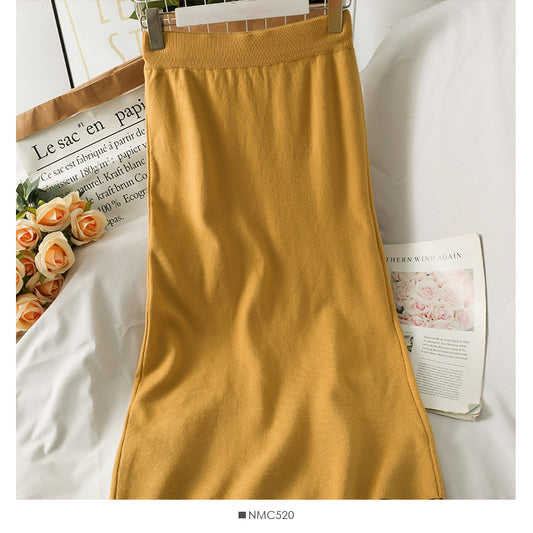 Korean split medium length solid color knitted skirt  2591
