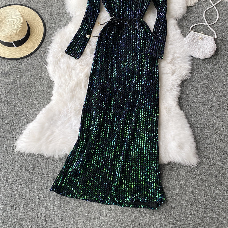 Robe à sequins à col en V et manches longues avec fermeture à la taille pour femme, jupe longue de tempérament 3139