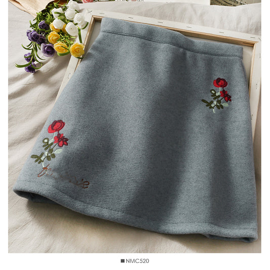 Sweet wind rose embroidered high waist thin woolen A-shaped skirt  2668