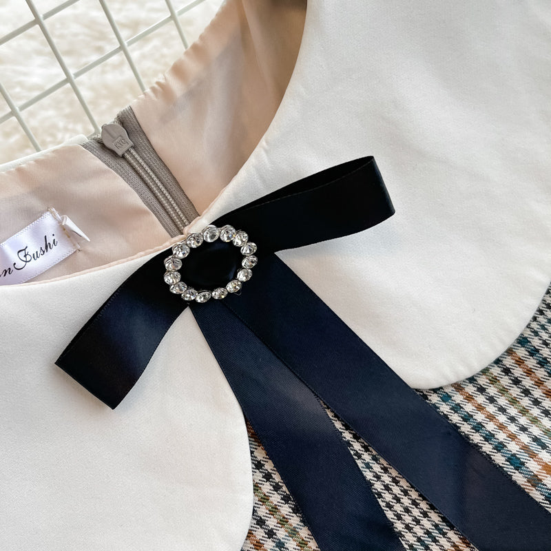 Xiaoxiangfeng Puppenhals mit hoher Taille Kariertes Kleid 3387