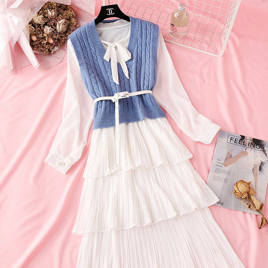 Net red sweater knitted vest chiffon cake skirt two piece suit  2292