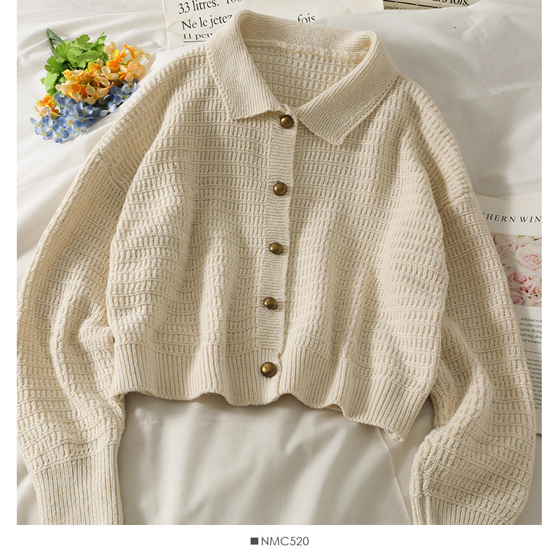 Vintage Lapel long sleeve single breasted cardigan loose sweater  1743