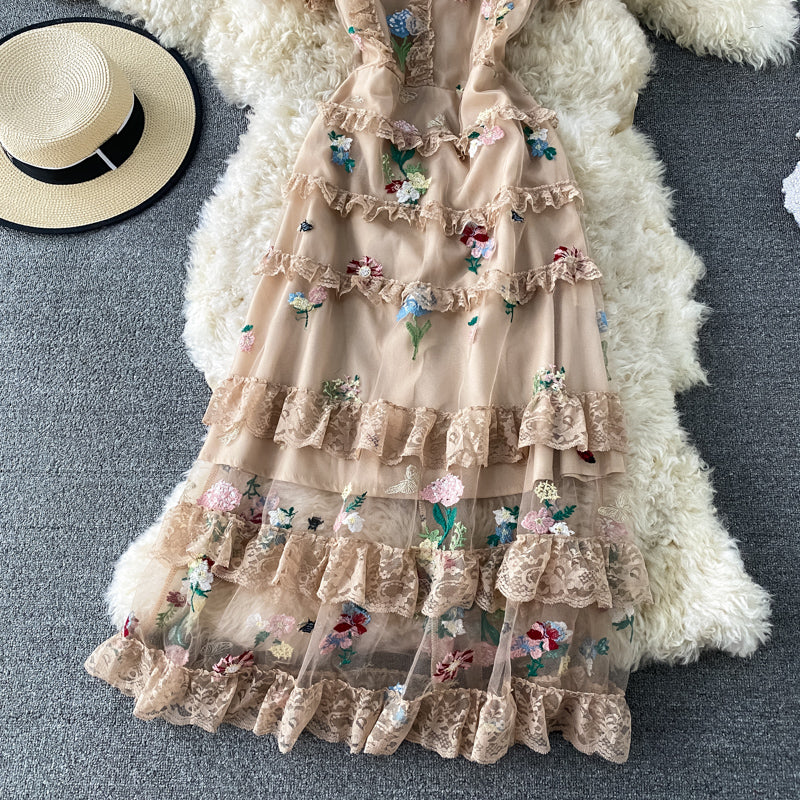 Mesh embroidery flower lace cake skirt dress  3178