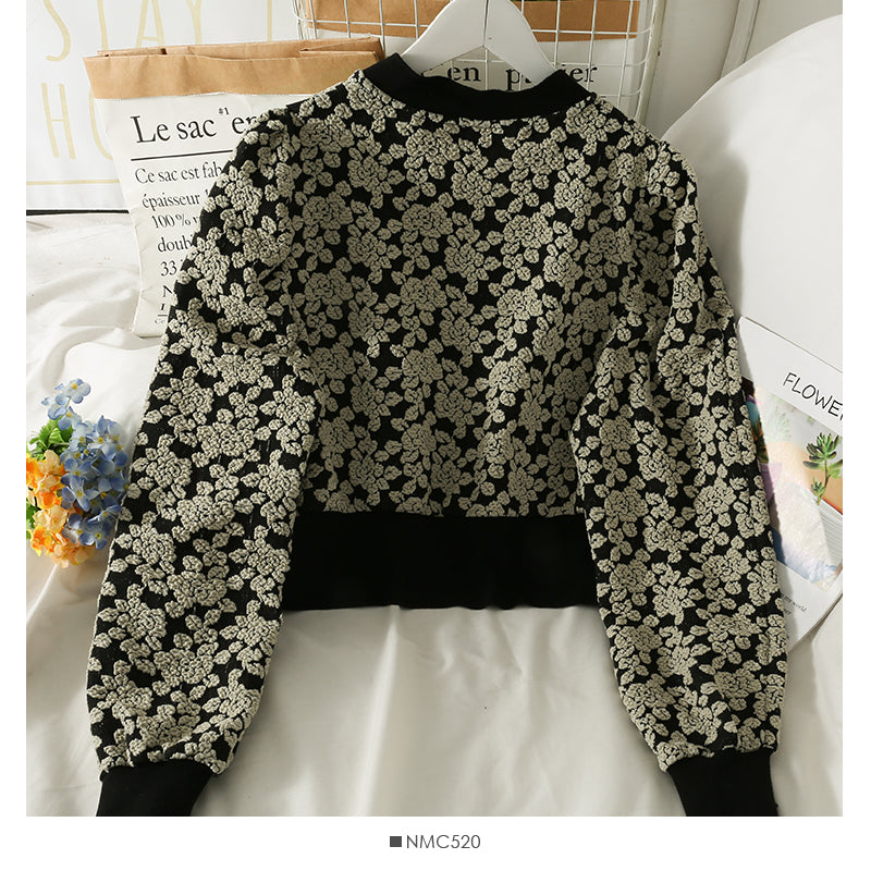 Printed single breasted sweater women's V-neck slim long sleeved sweater  1877