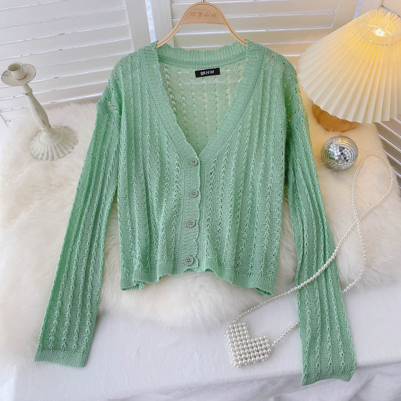 Knitted cardigan thin hook flower hollow out long sleeve  1583