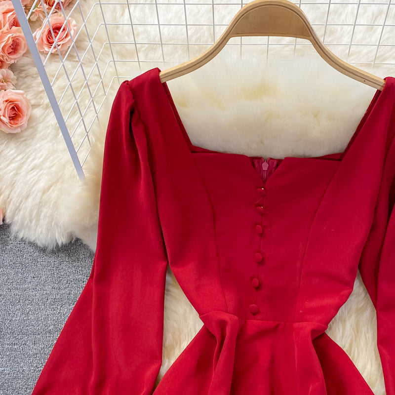 Temperament mittellanges dünnes rotes Kleid mit eckigem Ausschnitt und hoher Taille 3361