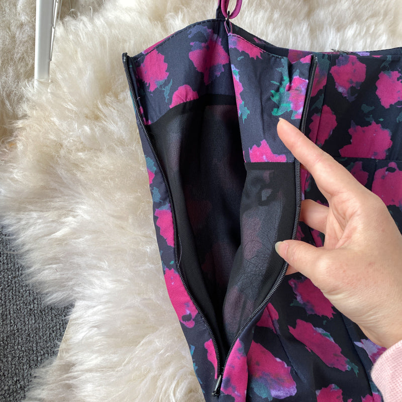 Slim temperament open back suspender Floral Dress  3422