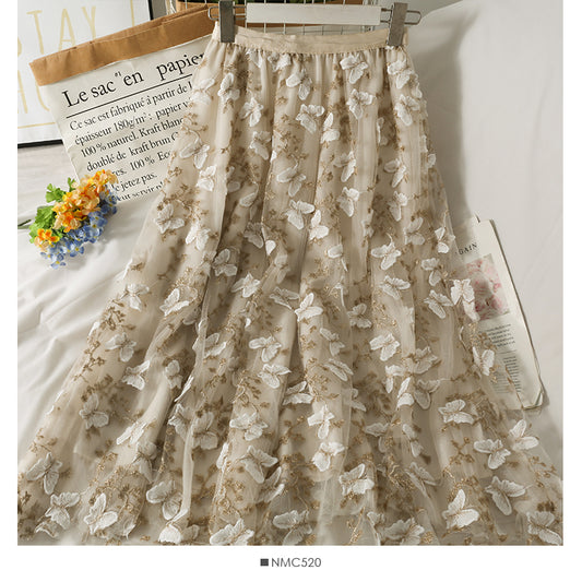 Jupe taille haute en soie brillante brodée de papillons tridimensionnels 2550