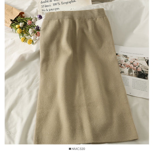 The New Retro elastic waist is thin, medium and long knitted Hip Wrap Skirt  2631
