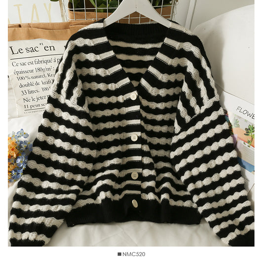 Sweater women's striped single breasted cardigan long sleeved sweater  1982