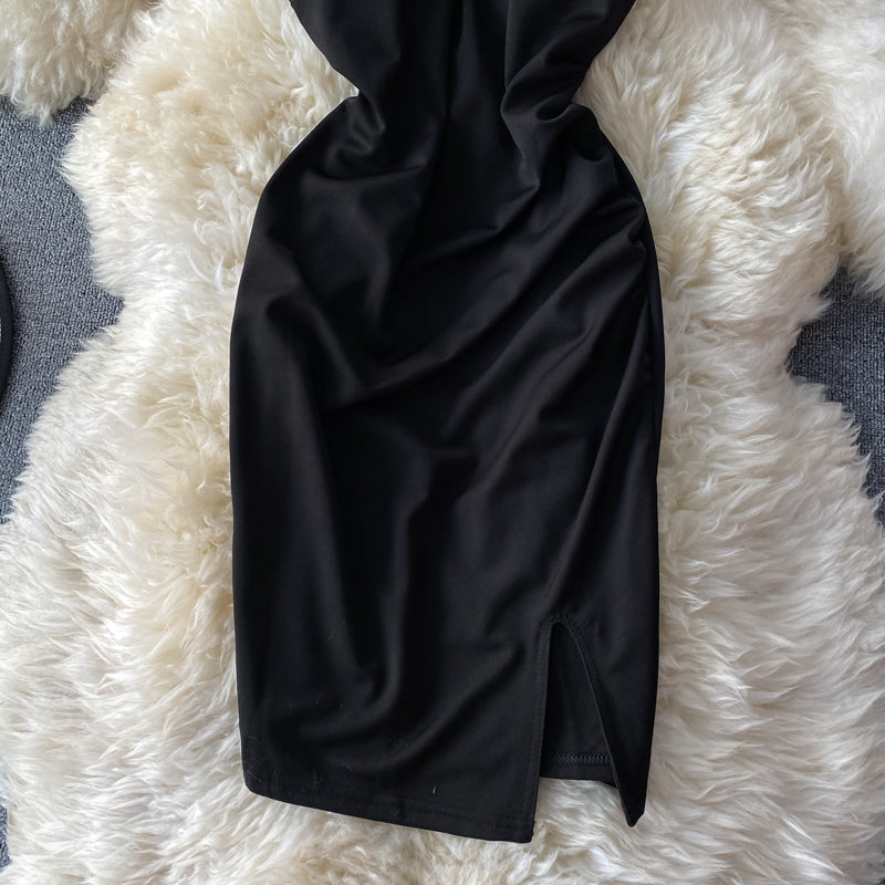 Sexy backless pleated slim wrap hip skirt fashion split dress  3284