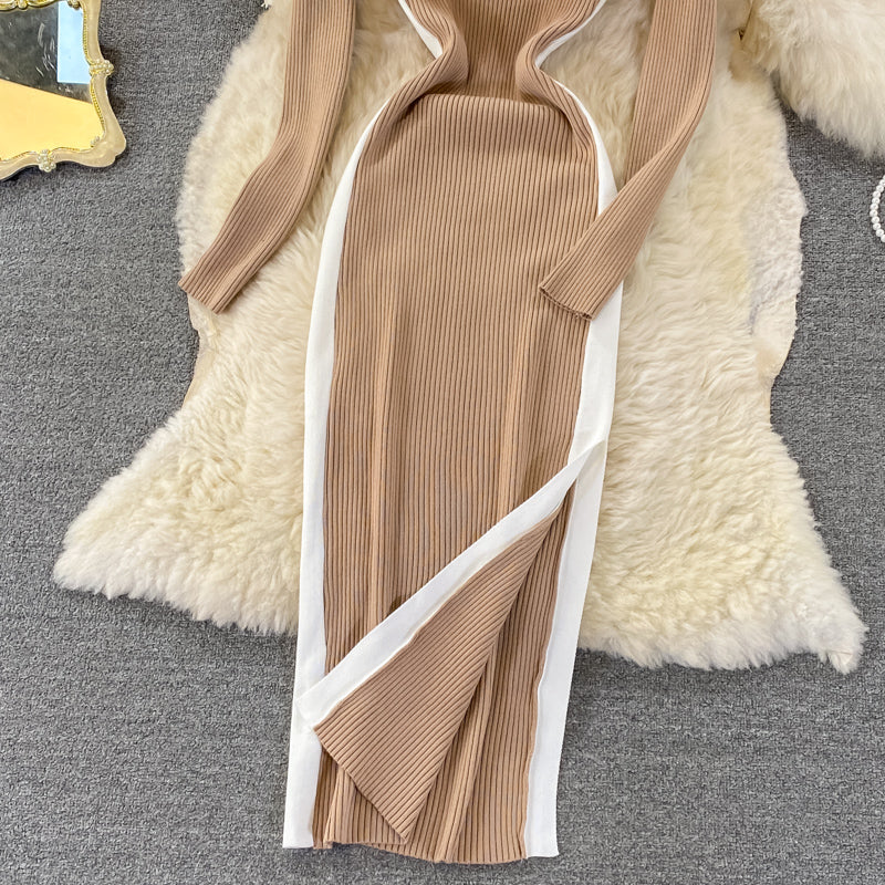 Round neck long sleeve split medium long stretch tight knit dress  3381