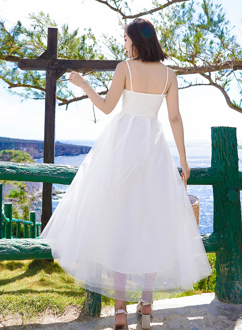 White A line tulle dress summer dress  1337
