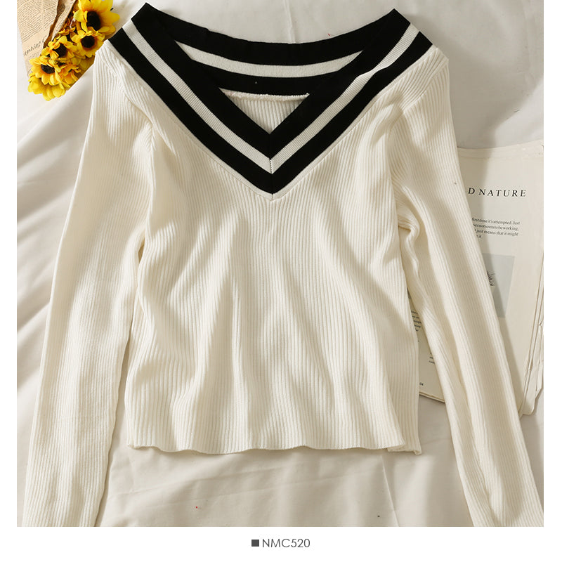 Korean striped off shoulder low collar collarbone exposed long sleeve T-shirt  1976
