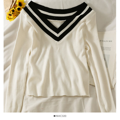 Korean striped off shoulder low collar collarbone exposed long sleeve T-shirt  1976