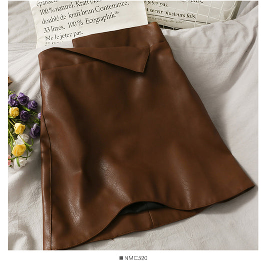 High waist slim wrap hip small leather skirt irregular solid color versatile skirt  2670