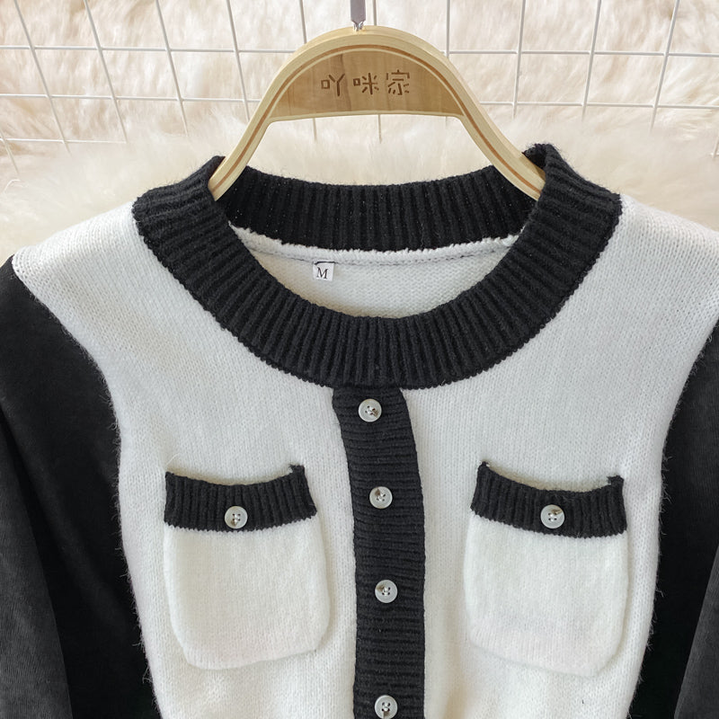 Korean high waist round neck knit stitched dress  3369