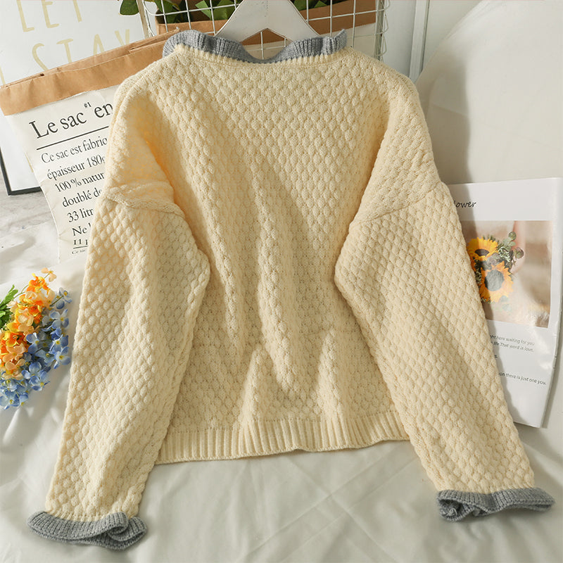 Hong Kong style retro color matching agaric edge single breasted cardigan sweater  1707