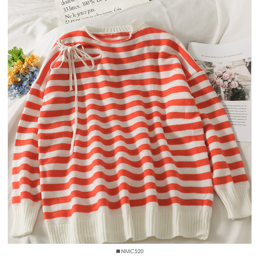 Bow tie tie stripe loose thin curled crew neck top  1941