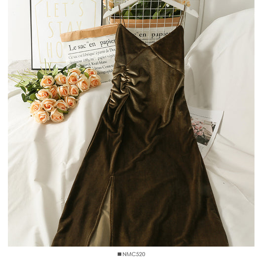 Hong Kong Style Vintage golden velvet medium and long split bottom suspender skirt  2710