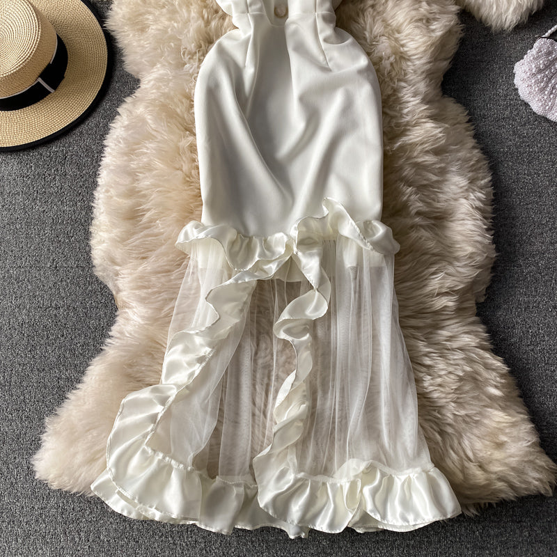 Robe sexy en queue de poisson avec sac à bandoulière exposé sans bretelles et coutures en maille de gaze 3033