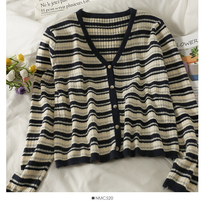 Striped single breasted V-neck cardigan thin top women  1892