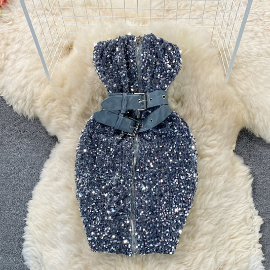 Design sense zipper Sequin glittering fashion slim fit  2781