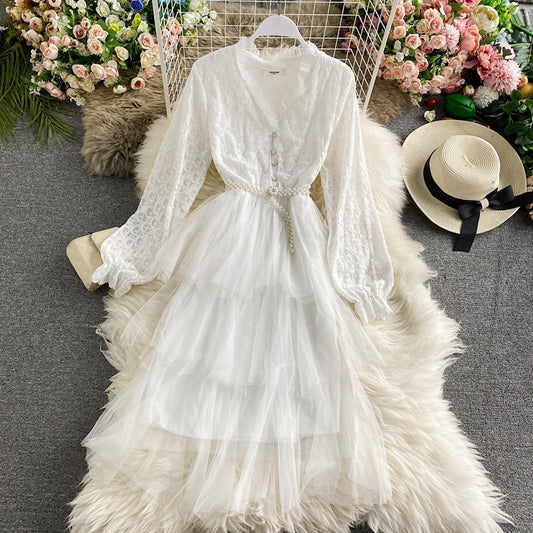 Mesh Ruffle lace patchwork cake skirt dress  3282