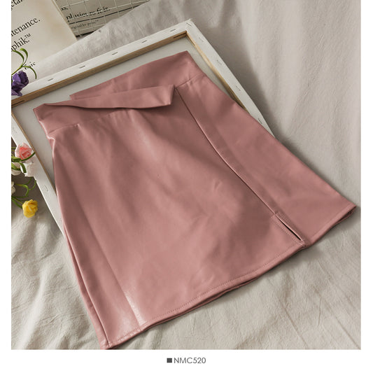 Retro and versatile irregular solid color high waist thin leather skirt  2660