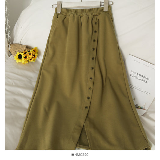 Hong Kong style retro elastic waist thin medium length split skirt  2628