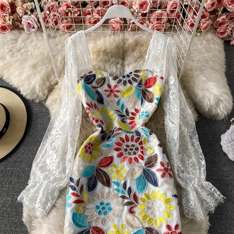 Slim temperament square neck lace embroidered split dress  3418