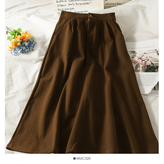 Hong Kong style retro high waist thin medium long woolen skirt  2547