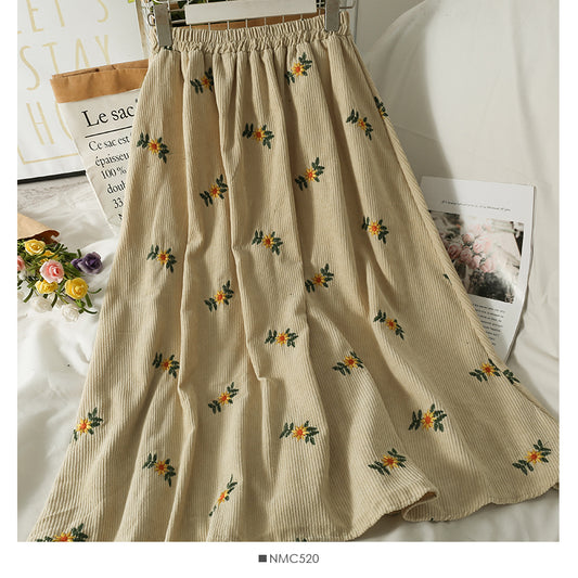 Retro embroidered elastic waist thin medium length A-line skirt  2516