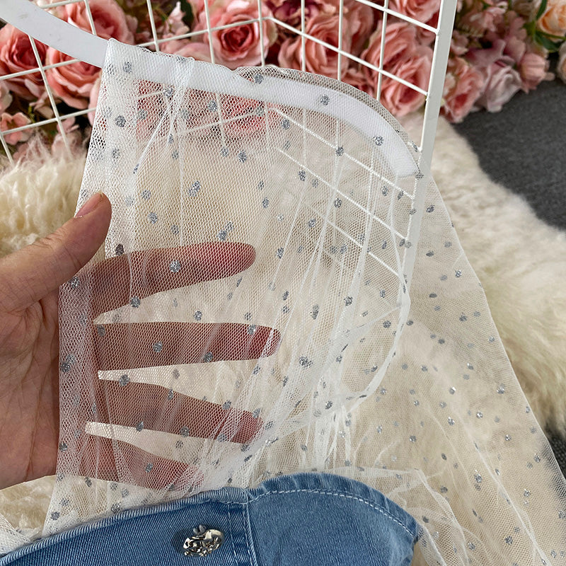 Schmales A-Linien-Jeansrockkleid mit Mesh-Nähten 3438