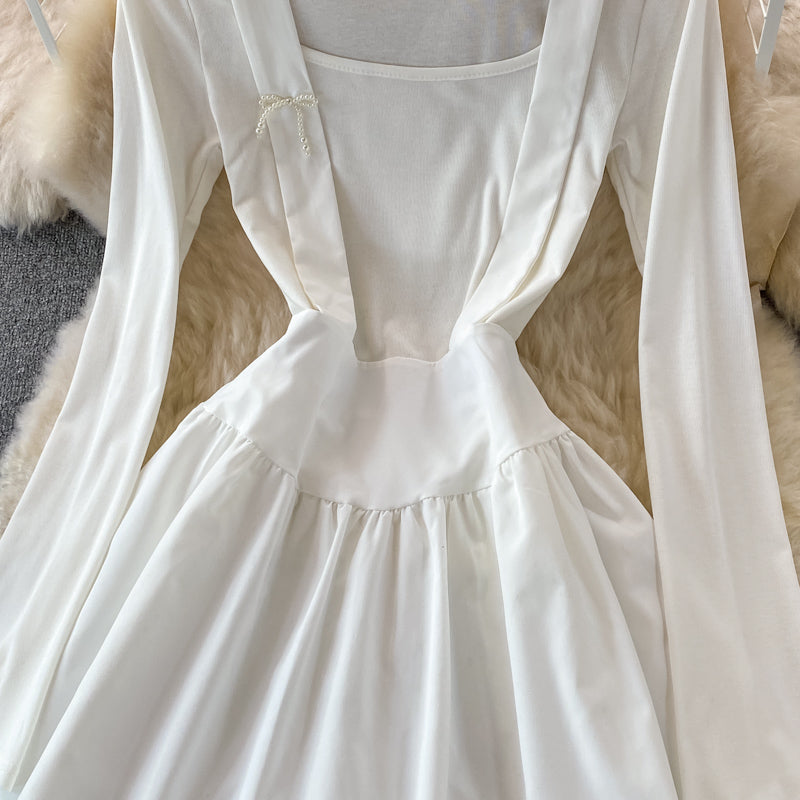 Pleated long sleeve dress women's slim A-line skirt  3259