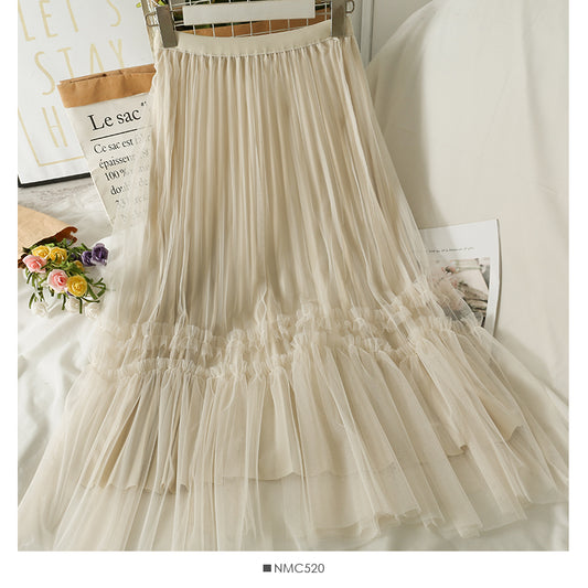 Women's medium length high waist gauze skirt with stitching  2566