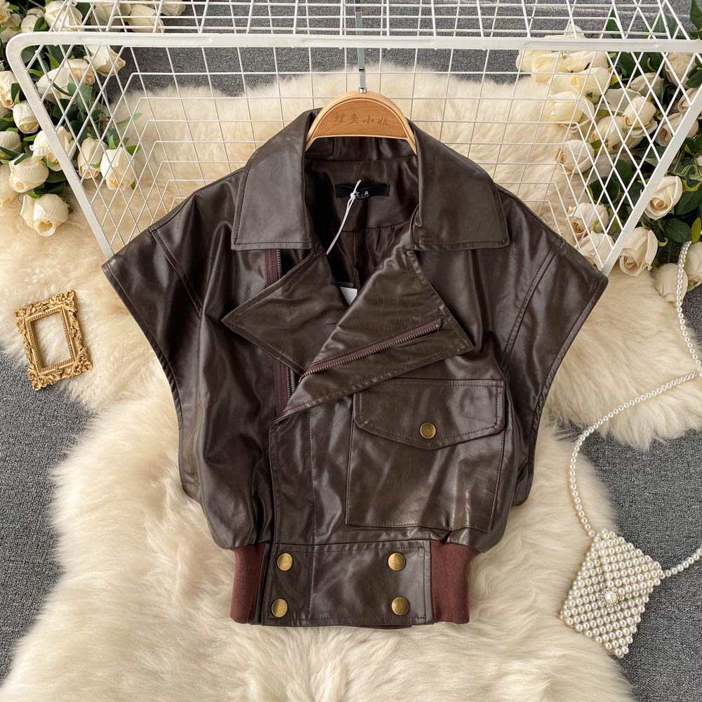 Lapel short motorcycle leather jacket waistcoat  1532