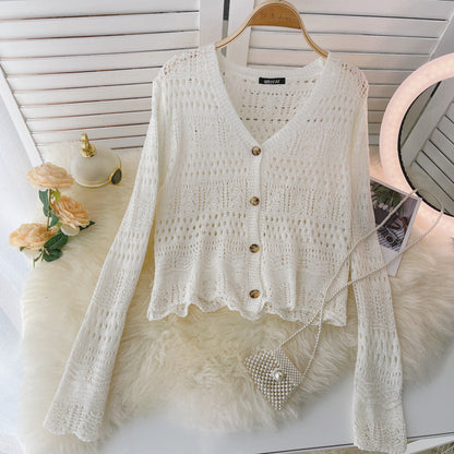Knitted cardigan Vintage Crochet cut-out sunscreen long sleeve  1586