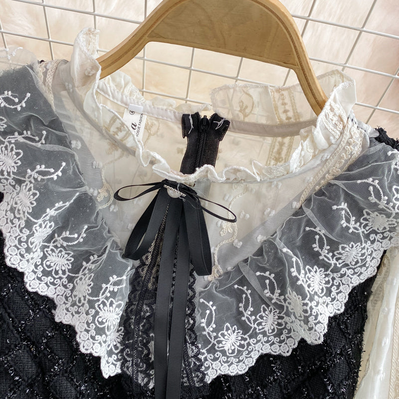 Sweet aging lace stitching stand collar Ruffle tweed dress  2919