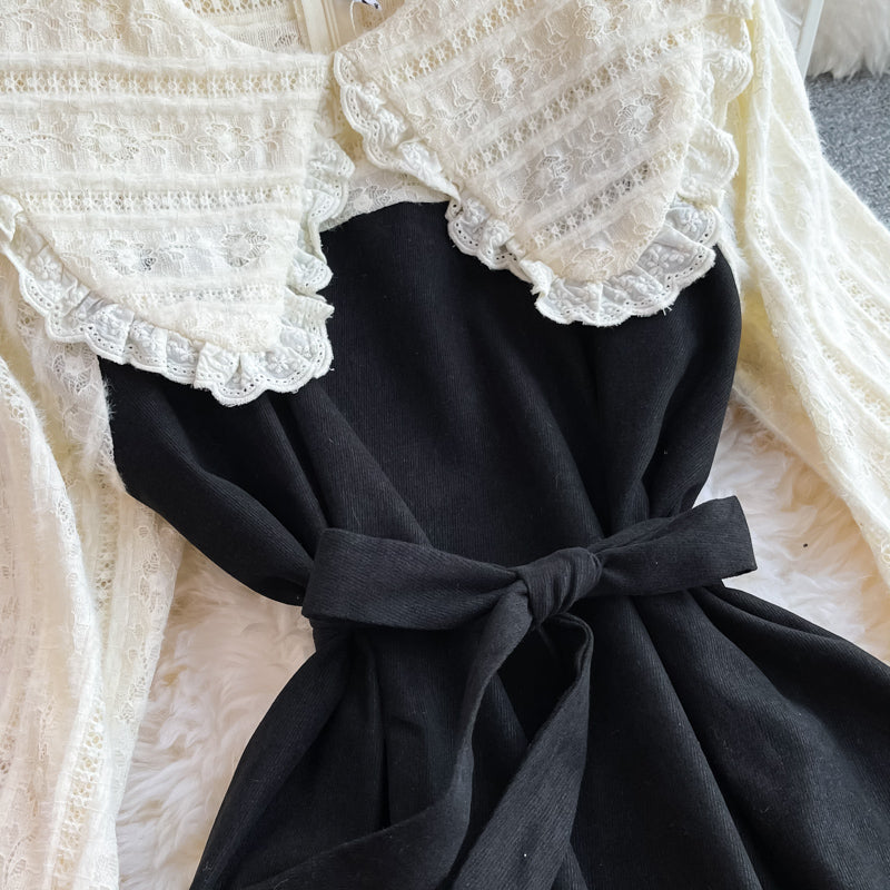 Vintage Lace stitched doll neck with slim waist corduroy dress  3384