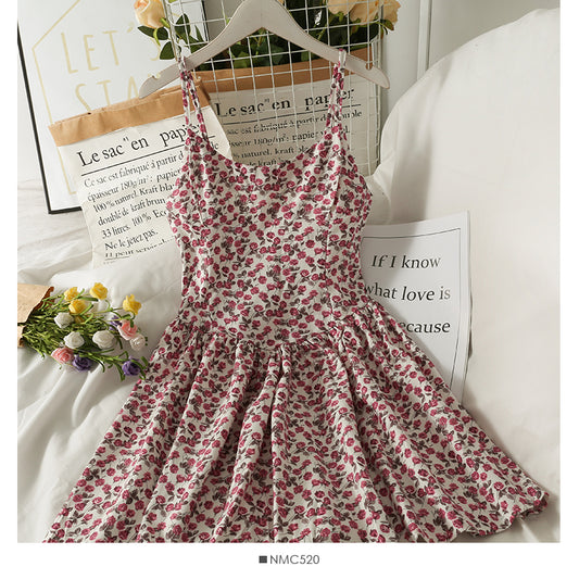 Retro broken flowers show thin waist, high waist suspender skirt, female  2692