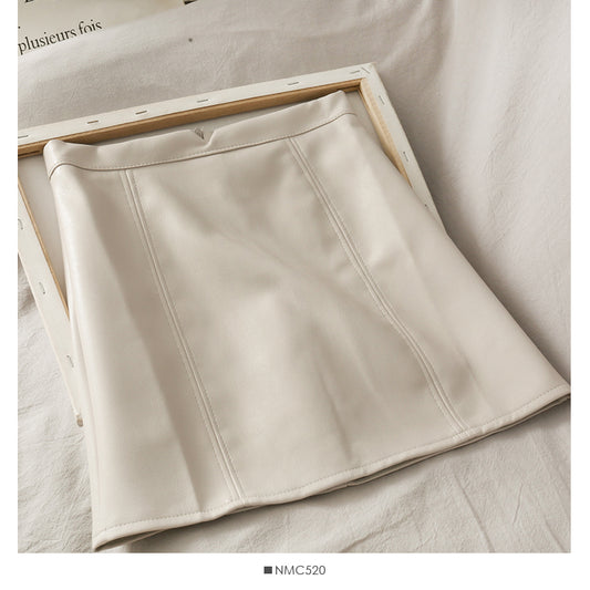 Jupe en cuir taille haute fine en forme de A, rétro et polyvalente, couleur unie 2542
