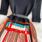 Stand neck knit patchwork contrast Pleated Dress  3355